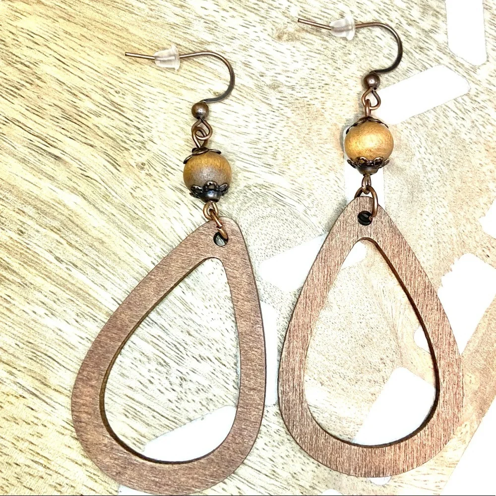 Boho natural Wood and copper hallowed out wooden tear drop water drop earrings